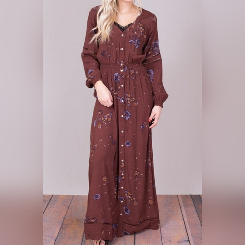 Knot Sisters Floral Boho Maxi Dress Button Front Long Sleeve Lace Detail